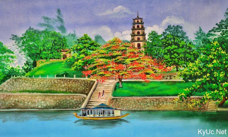 Tranh chùa Thiên Mụ và dòng sông Hương thật đẹp
